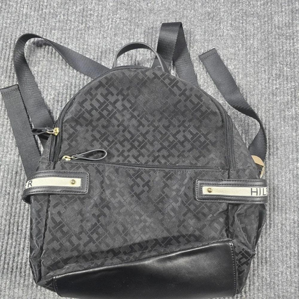 Tommy Hilfiger Backpack Black Monogram‎ Laptop Bag Gold Accents Carpenter Loop